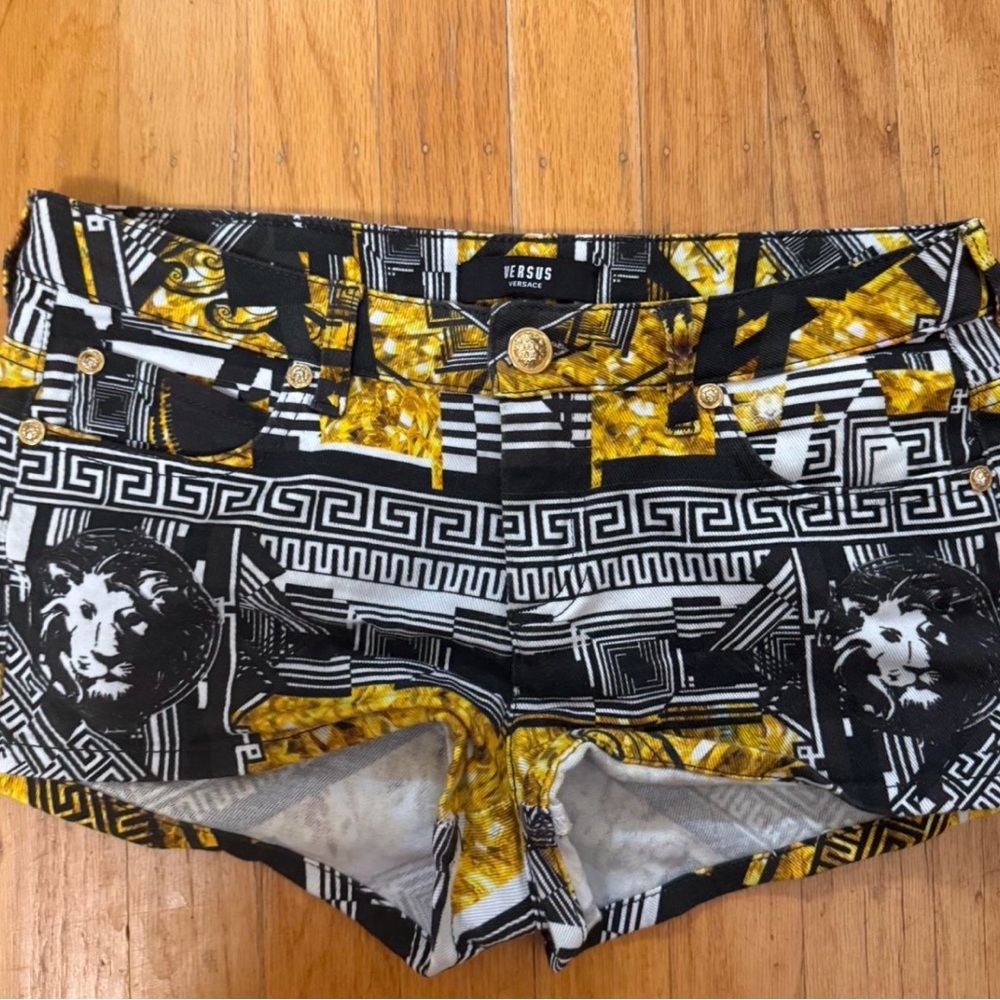 Versace Black, Gold & White Lion Print Jean shorts